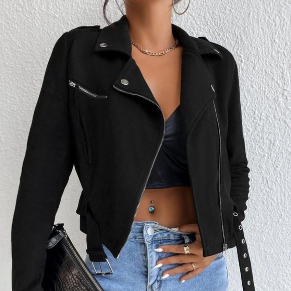 zip up crop moto jacket biker black - Picture 3 of 6